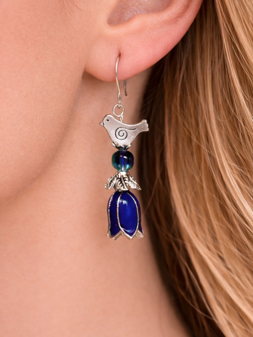 Silver Bird Earrings . Enamel Blue Flower . Boho Dangle Drop - Picture 2 of 7